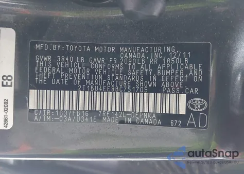 2011 Toyota Corolla Le from USA, damaged, VIN 2T1BU4EE8BC751705